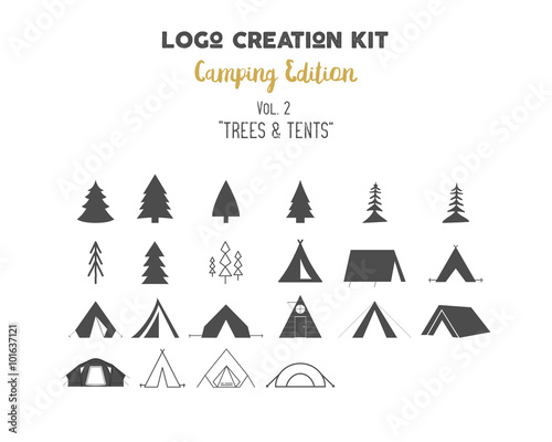 Logo creation kit bundle. Camping Edition set. Trees vector shapes and tents elements. Create your own outdoor label, wilderness retro patch, adventure vintage badges, hiking stamps, travel emblems