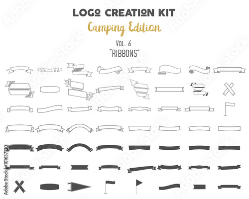 Logo creation kit bundle. Camping Edition set. Ribbons vector shapes and elements Create your own outdoor label, wilderness retro patch, adventure vintage badges, hiking stamps. Check out all volumes