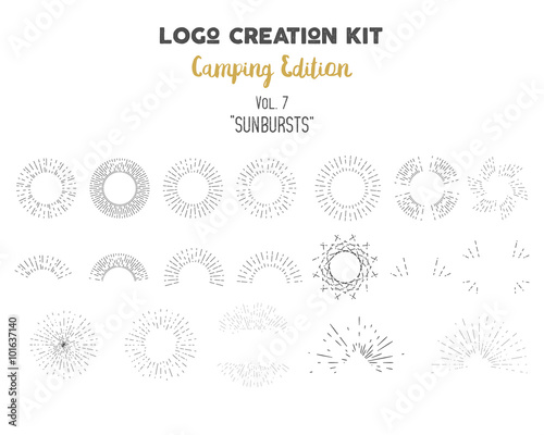 Logo creation kit bundle. Camping Edition set. Vector sunbursts shapes and elements. Create your own outdoor label, wilderness retro patch adventure vintage badges hiking stamps. Check out all volumes