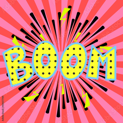 Comic book boom inscription vector effects. Pink sunburst and speedlines.