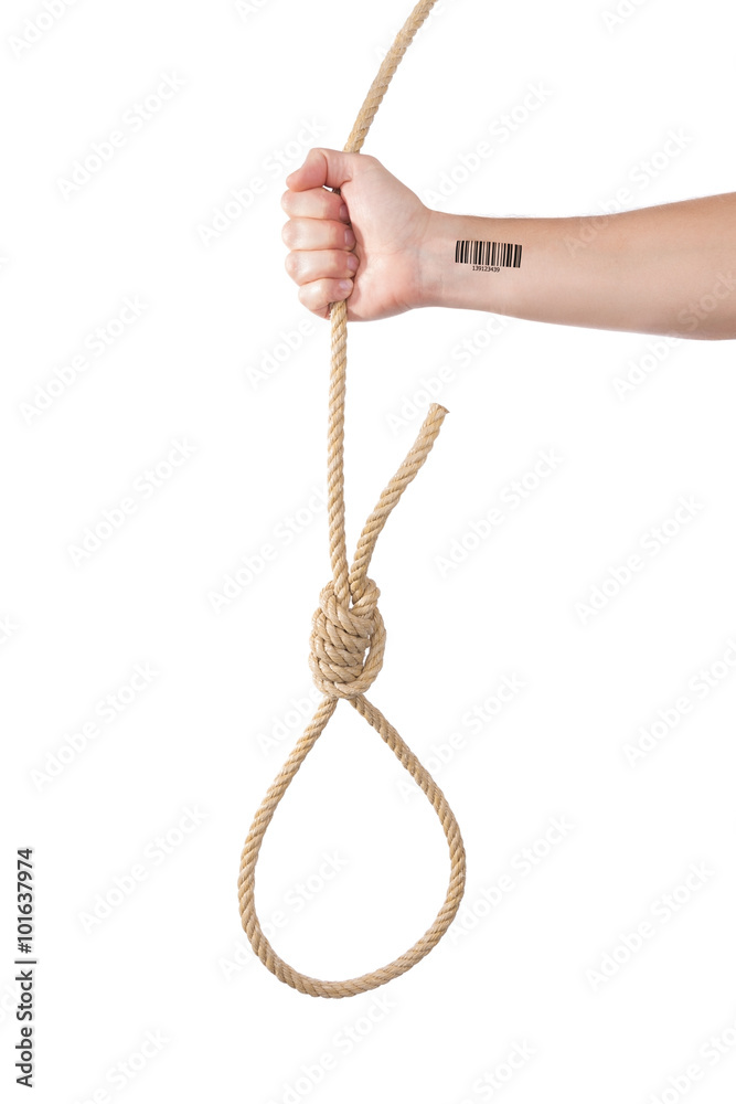 A loop of rope in the man's hand with barcode. For hanging. A loop of rope in the man's hand with barcode. For hanging.