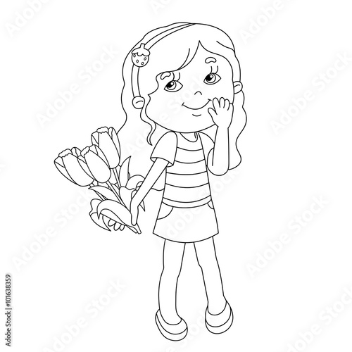 Coloring page outline of girl with bouquet of tulips