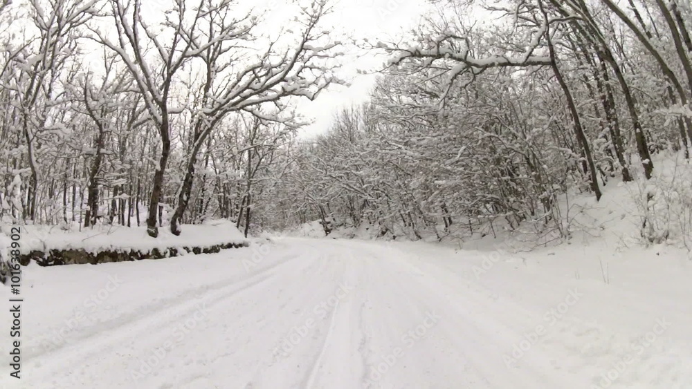 heavy trip to the mountains on snow-covered road, GoPro heavy trip to the mountains on snow-covered road, GoPro