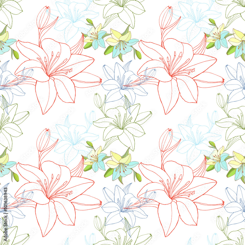 Lineart lily, seamless pattern