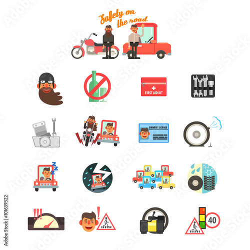 Motorcycle and Car Safety Drive Rules. Vector Illustration Set