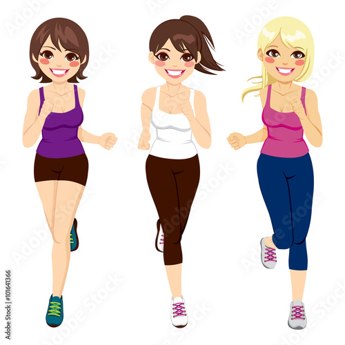 Full body illustration of three beautiful women running together happily