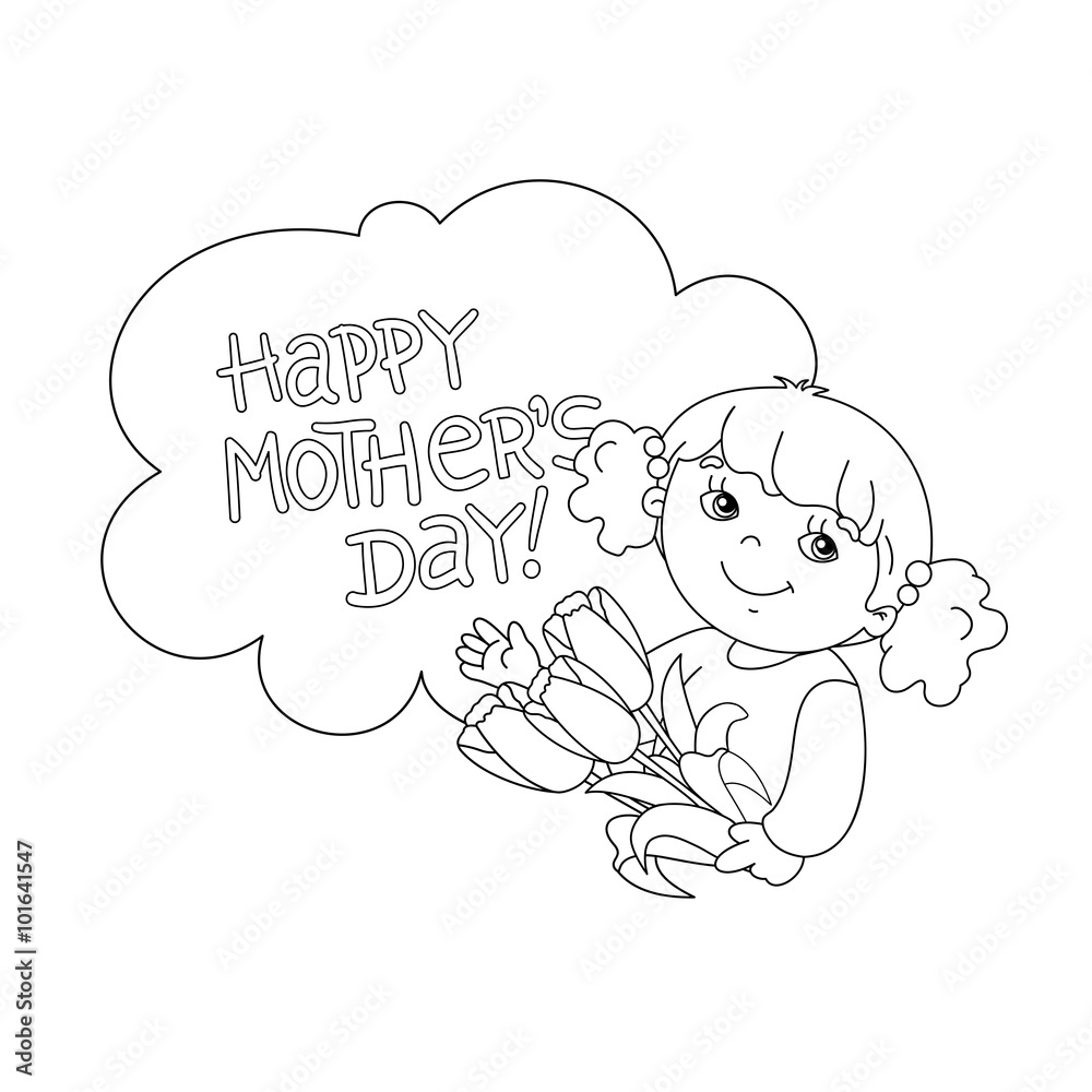 Coloring page outline of girl with flowers. Mother's Day. Coloring page outline of girl with flowers. Mother's Day.