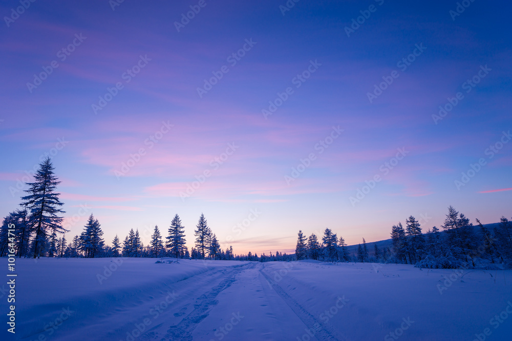 Winter Evening Landscape with road and sunset Winter Evening Landscape with road and sunset