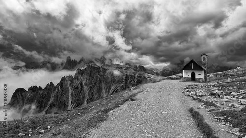 Beautiful church in dolomites, black and white