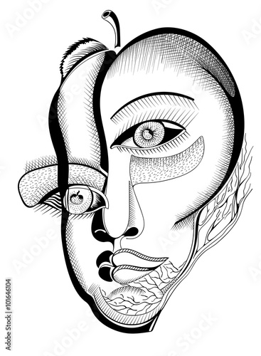 Surreal hand drawing faces, abstract template with black outlines, can use for posters cards, stickers, illustrations, as decorative element.