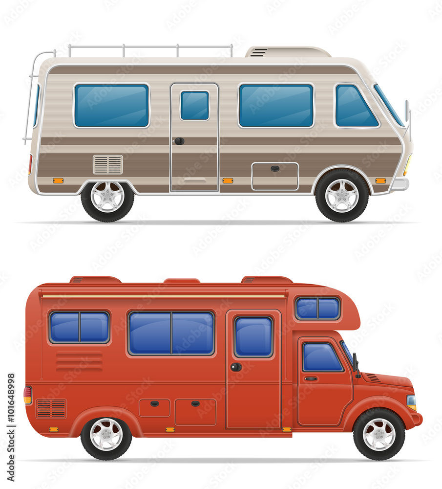 car van caravan camper mobile home with beach accessories vector