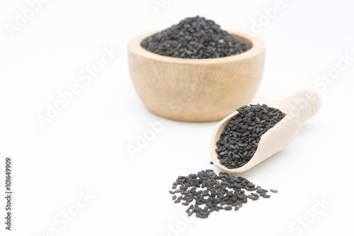 Black sesame in a wood spoon  (seeds)