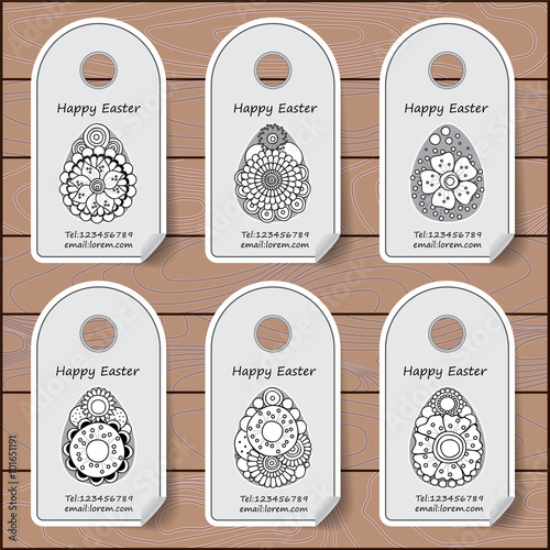 stock vector set of label with easter pattern on the wood backgr