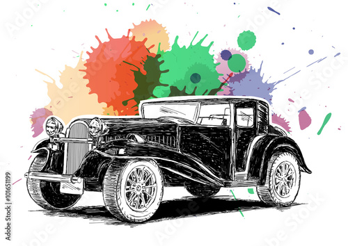 Vintage Retro Classic Old Car with colorful ink spatter Vector I