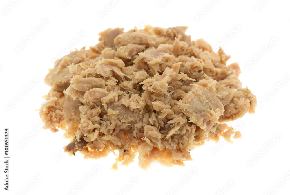 Side view of a portion of lemon and pepper seasoned tuna fish isolated on a white background Side view of a portion of lemon and pepper seasoned tuna fish isolated on a white background