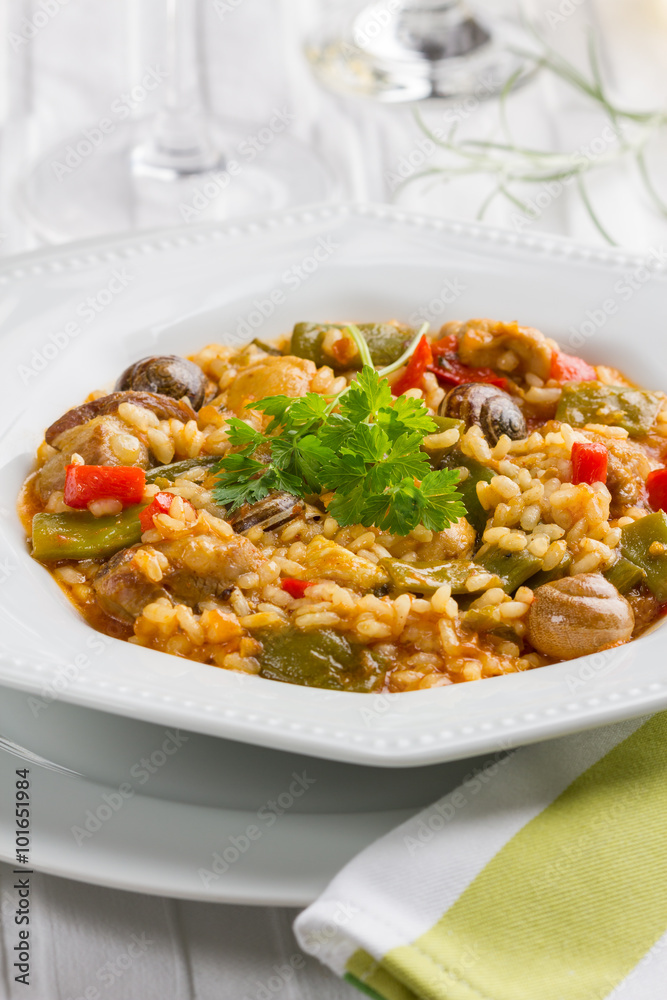 Paella Valenciana, the original version made with rabbit and snails.