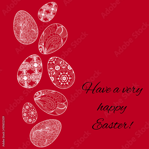 Easter card with eggs on red background photo