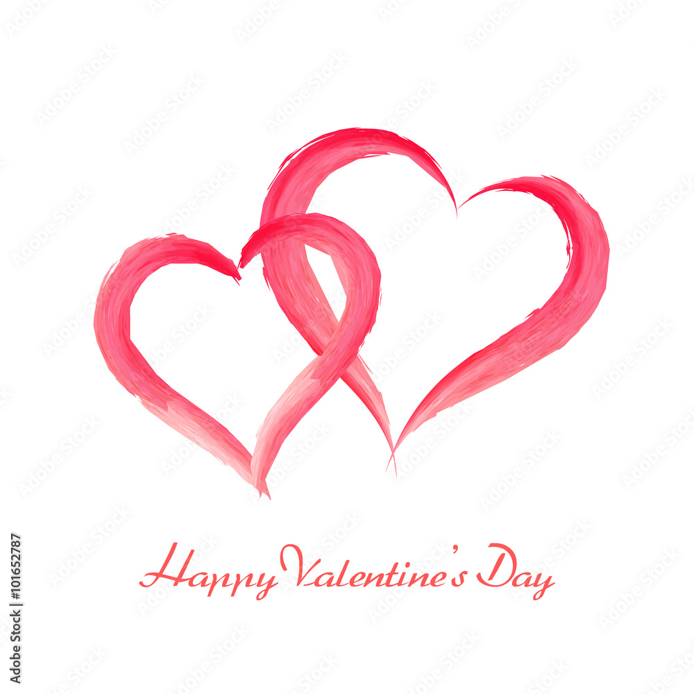 Happy Valentines Day. Watercolor brush painted romantic hearts on white background.