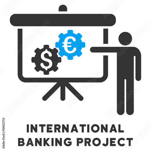 International Banking Project vector icon with caption. Symbol style is a bicolor flat symbol with rounded angles, blue and gray colors, white background.