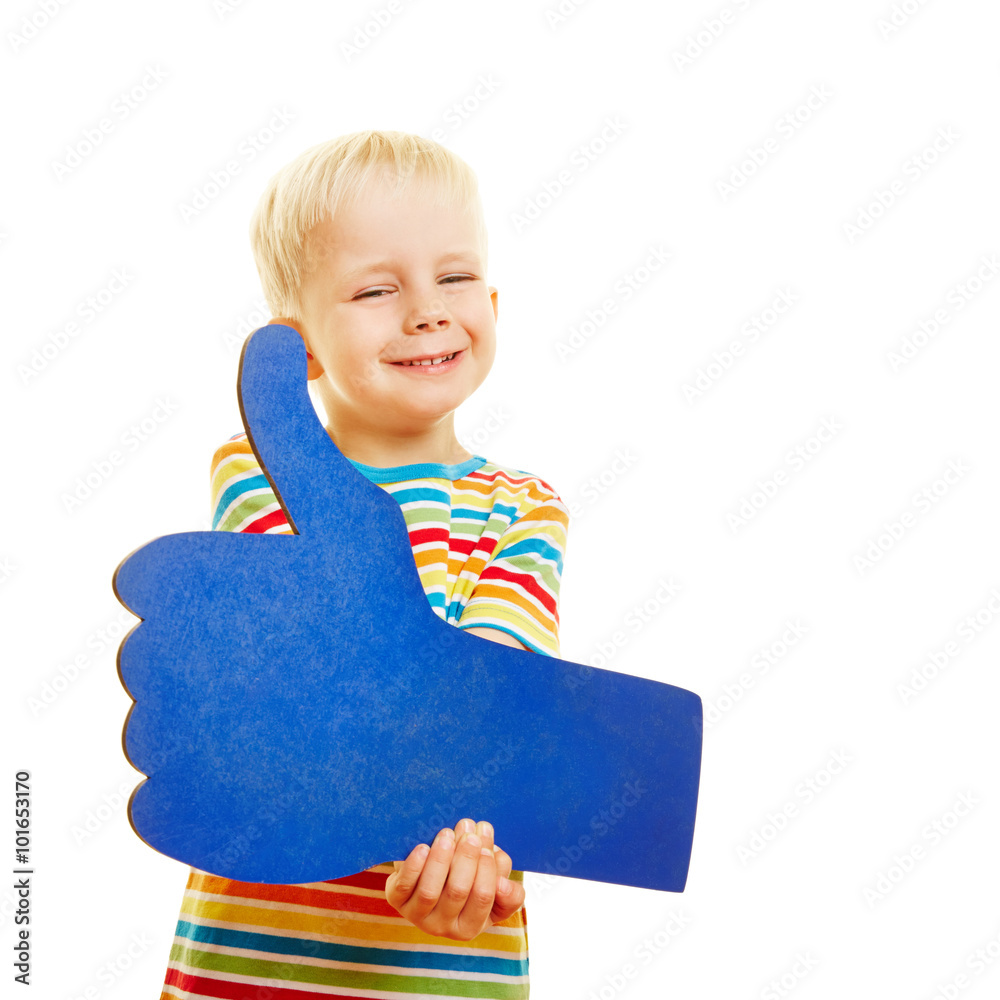 Kind hält blauen Daumen hoch Stock-Foto | Adobe Stock