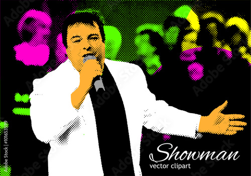 Showman with a microphone (half-tone pattern retro graphic style