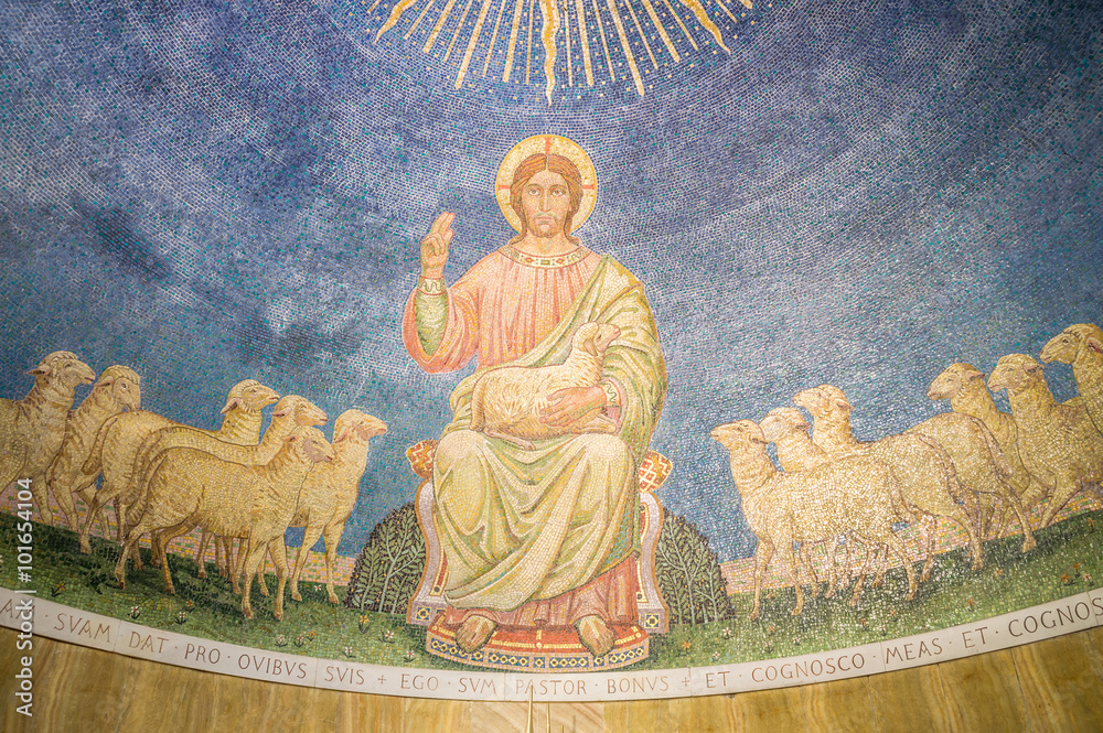 A mosaic of Jesus Christ the Good Shepherd with sheep, in the apse - obrazy, fototapety, plakaty 