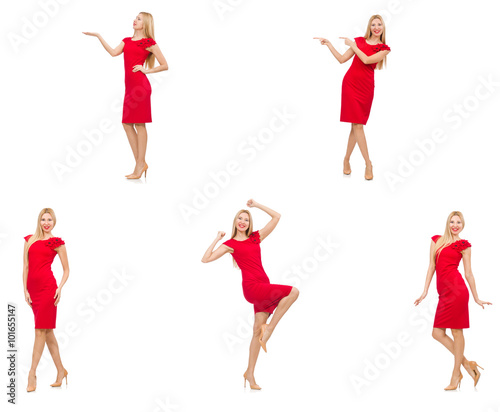 Woman in red dress isolated on white