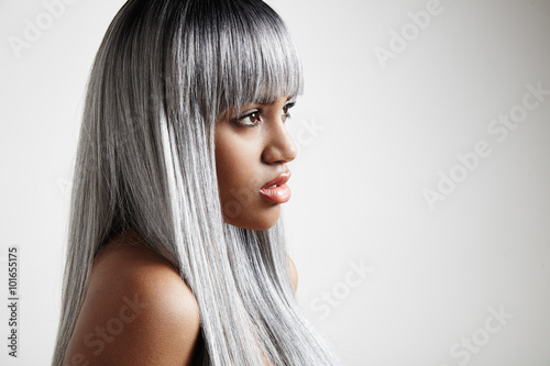 blak woman with a grey long hair photo