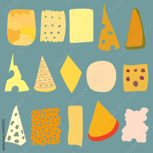 Set of different cheese sorts isolated on blue. Food and dairy production. Illustration for special printed production. Design element.
