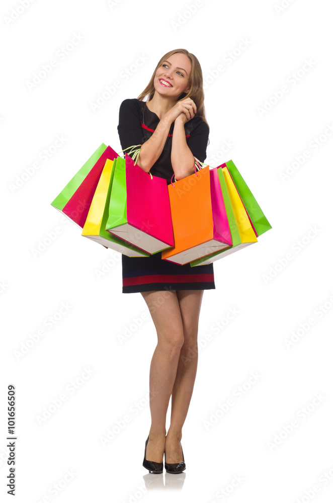 Woman with shopping bags isolated on white