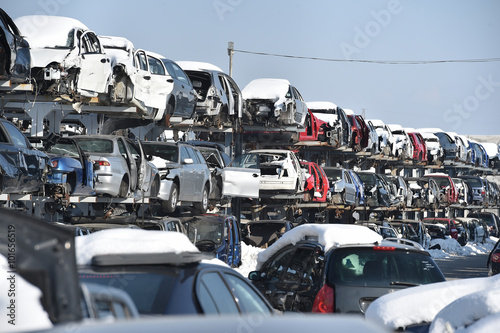 Rows of destroyed cars in accidents used for recycling 