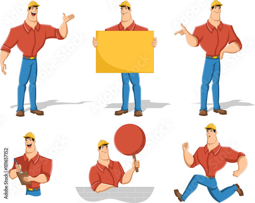 Cartoon worker character in different actions
