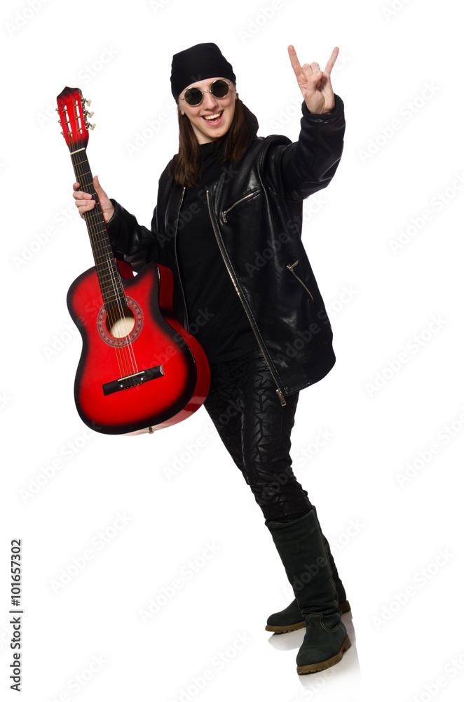 Young guitar player isolated on the white