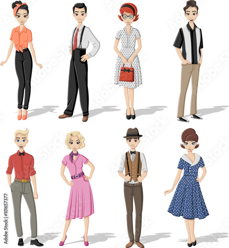 Group of retro people wearing vintage clothes.
