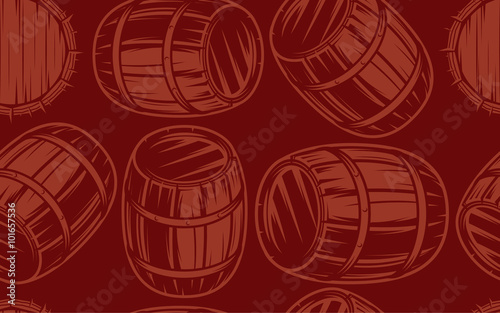 seamless background with barrels for drinks on brown background