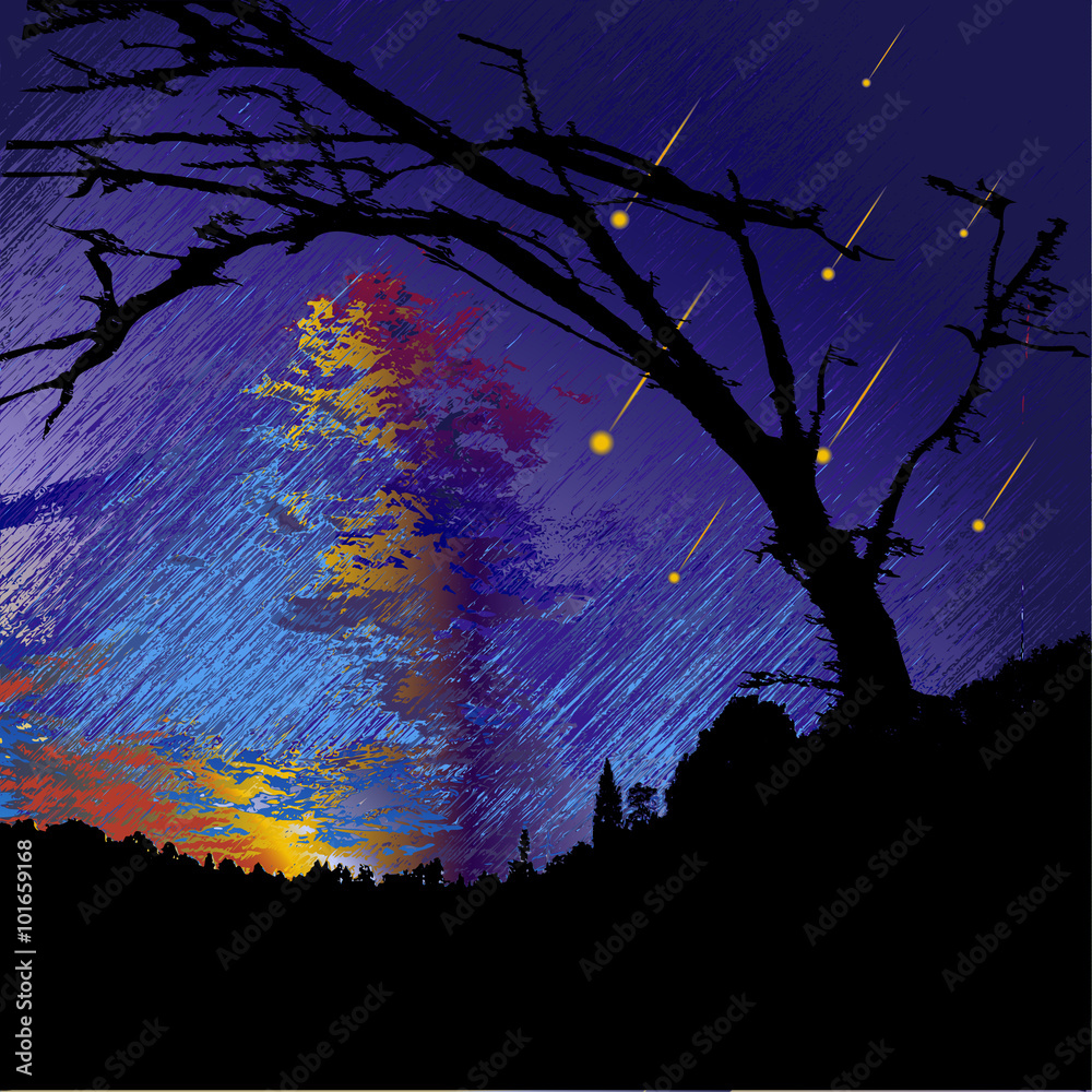 Dark night landscape with silhouettes of trees, clouds and falling meteorites