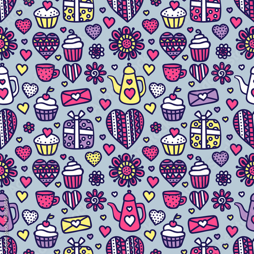 Valentine's day background. Seamless pattern with doodle heart, flower, letter, teapot, cup, muffin, gift.