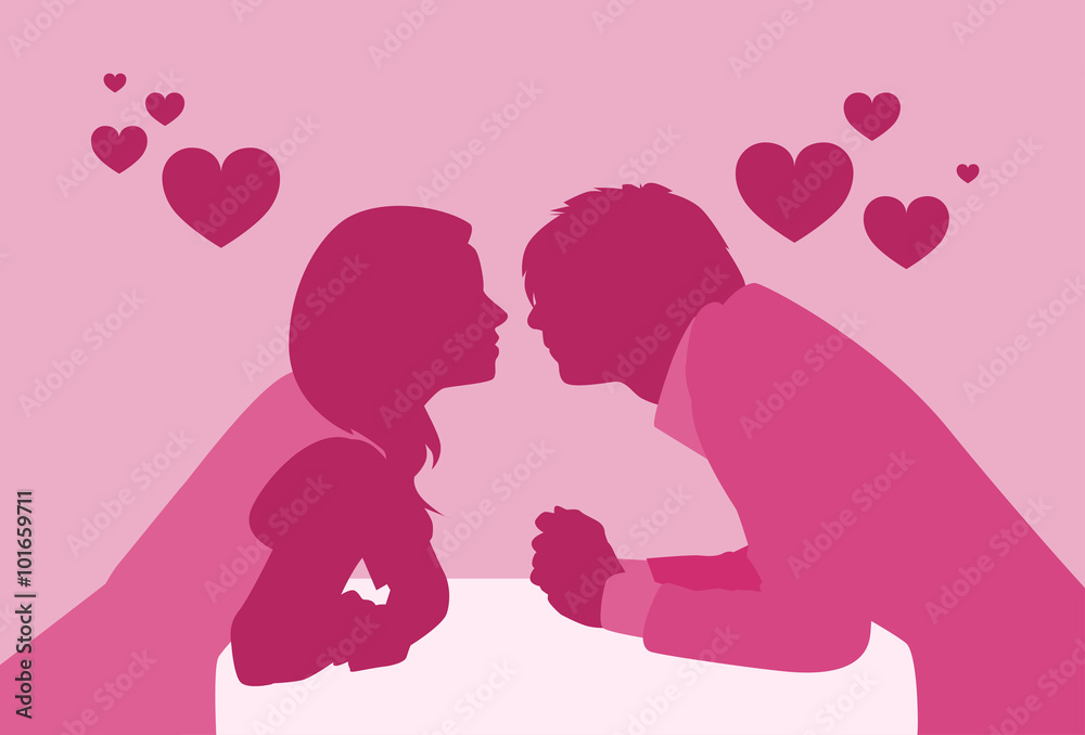 Couple Sitting Cafe Table Kiss Romantic Date Pink Color Silhouettes Couple Sitting Cafe Table Kiss Romantic Date Pink Color Silhouettes