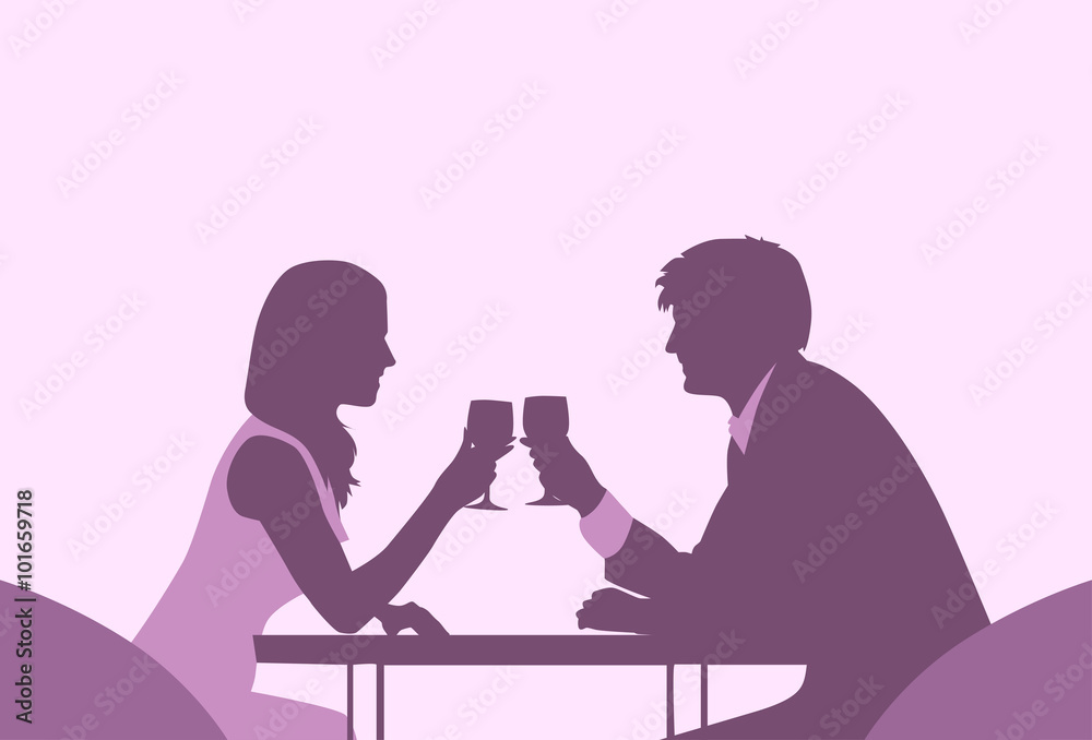 Couple Sitting Cafe Table Romantic Date Violet Color Silhouettes Couple Sitting Cafe Table Romantic Date Violet Color Silhouettes