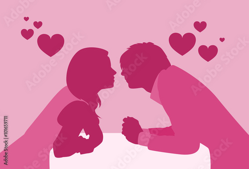 Couple Sitting Cafe Table Kiss Romantic Date Pink Color Silhouettes