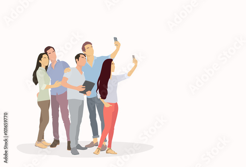 People Group Silhouette Taking Selfie Photo On Smart Phone