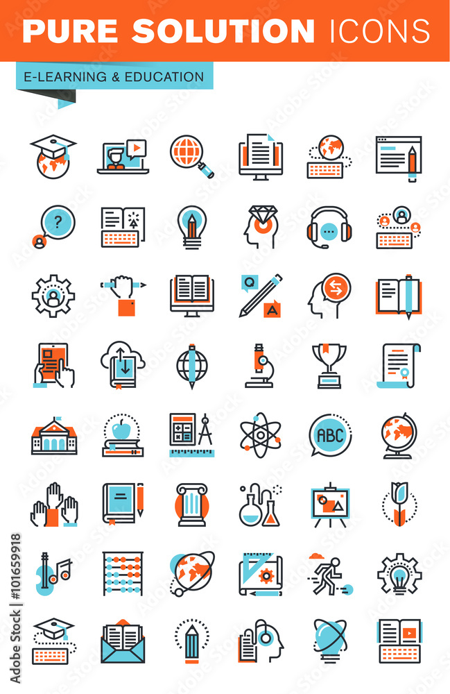 Thin line web icons for education, online training and courses, university and distance education, for websites and mobile websites and apps.
