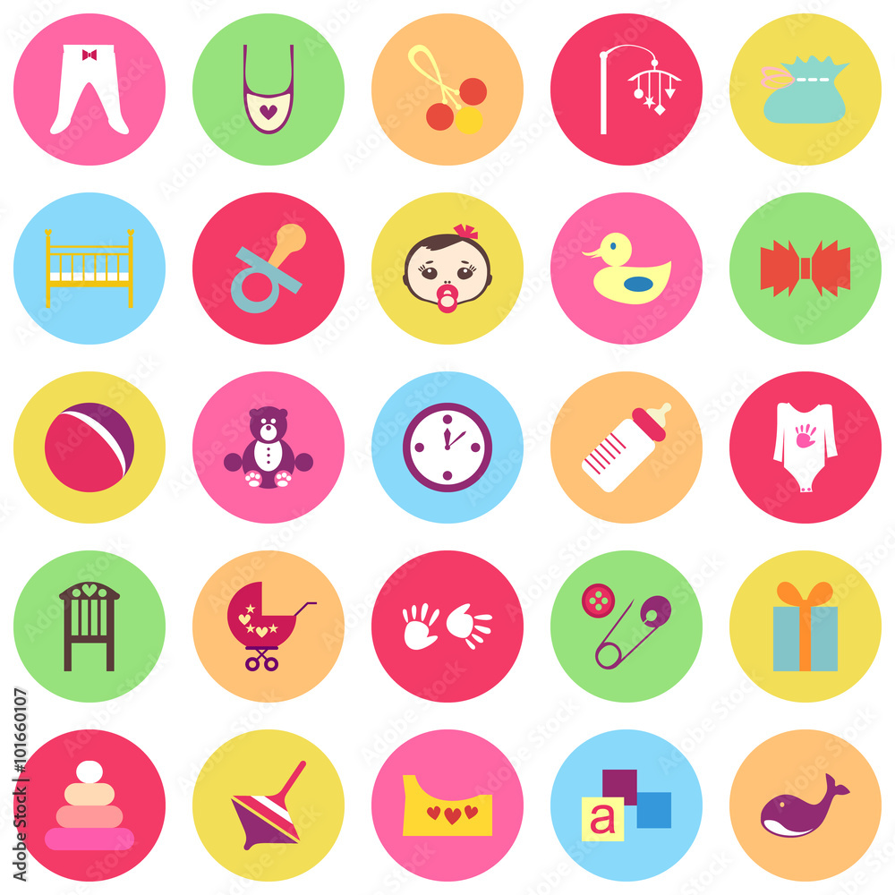 Set of colorful baby items with shadows. Set of colorful baby items with shadows.