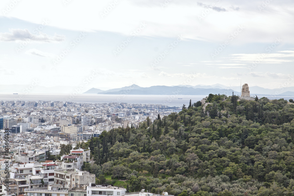 View from the Acropolis  to the Saronic Gulf and port Piraeus. Greece
