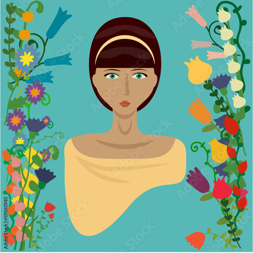 Vector image of a beautiful woman clothed as a dryad decorated with floral ornament and isolated on blue. Can be used in decoration of different places and products.