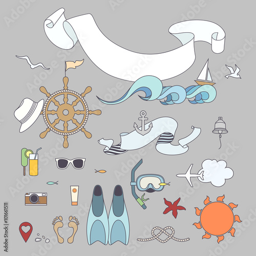 Set of holidays, sea and beach objects. Color illustration summer time.