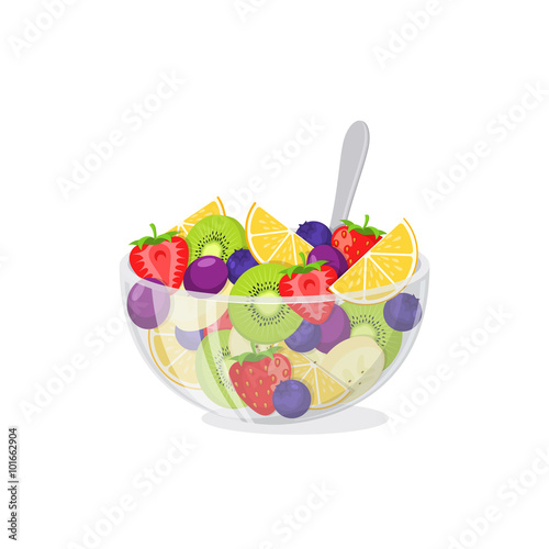 Fruit salad in glass bowl.