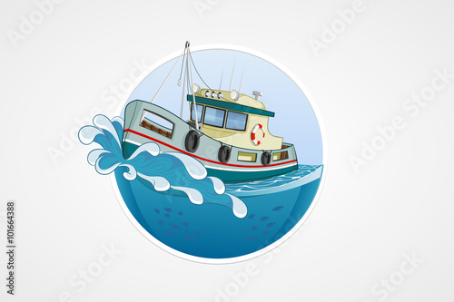 Moving fishing boat. Deep sea with wave. Round vector computer icons for applications or games. Logo and emblem template. Handdrawn Illustration.