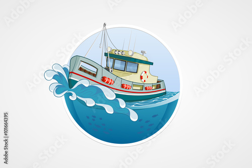 Moving fishing boat. Deep sea with wave. Round vector computer icons for applications or games. Logo and emblem template. Handdrawn Illustration.