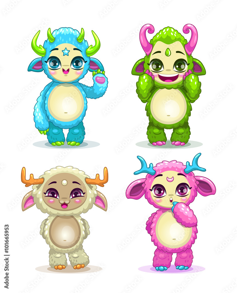 Funny cartoon fluffy baby monsters set Funny cartoon fluffy baby monsters set